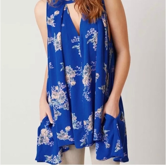 Free People Floral Sleeveless keyhole Tunic Top/Mini Dress women’s Sz S , Blue - Picture 1 of 16